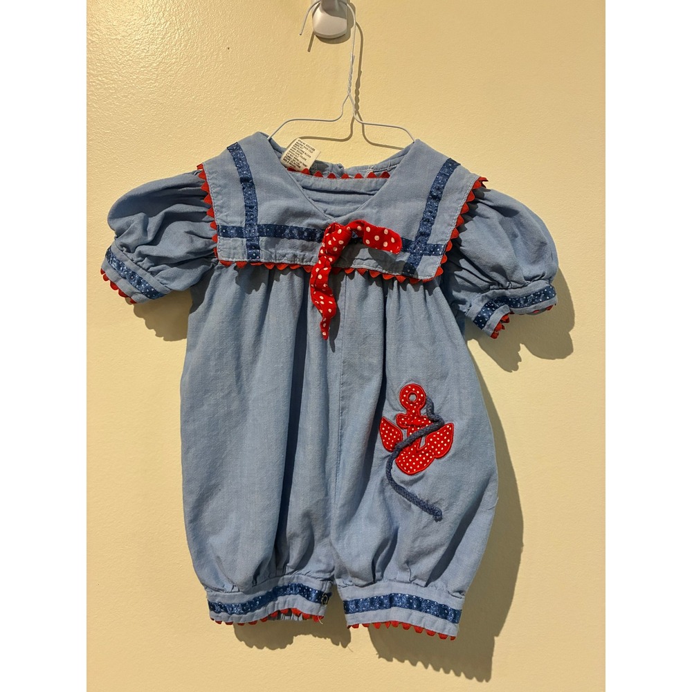 Vintage Blue Cotton Sailor Bubble Romper Red Rickrack Anchor 12M